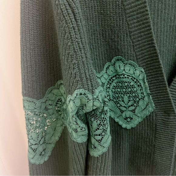 Sandro green knit wool oversized cardigan with inset lace size FR 2 - Picture 3 of 14